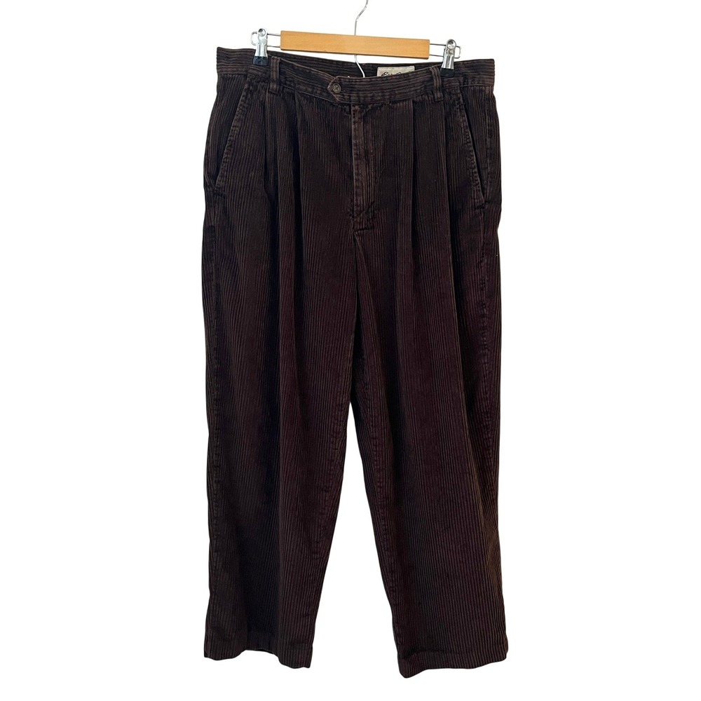 Vintage Corduroy‎ Pleated Pants Mens 34x27 Brown Y2K 90s Wide Wale Baggy HEMMED
